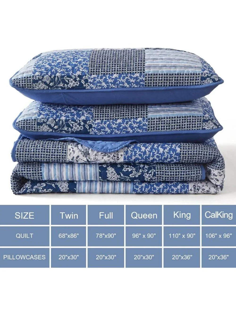 Boho Patchwork Floral Queen Quilt Set - Cozy Bedding, Blue Home Decor